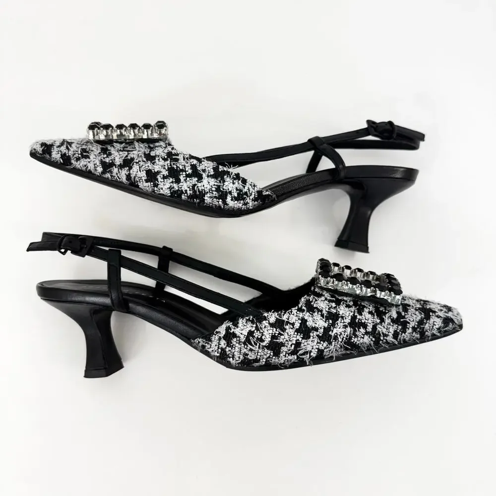Roberto Festa Atena Slingback Pumps Embellished Buckle Houndstooth 39.5 (US9.5)